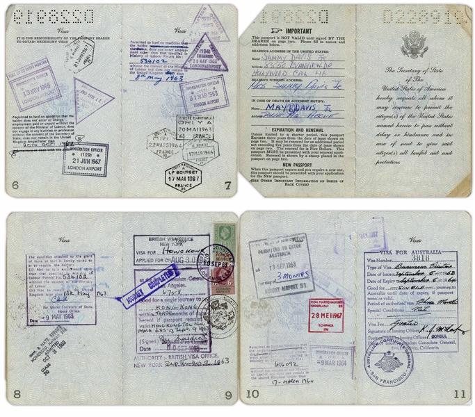Sammy Davis, Jr. Twice-Signed Passport Issued in 1963 -- With Dozens of Stamps Documenting His Travels Throughout the 1960s